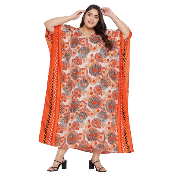 Women Plus Size Fit and Flare Floral Printed Orange Kaftan Dress by Gypsie Blu - Picture 4 of 9